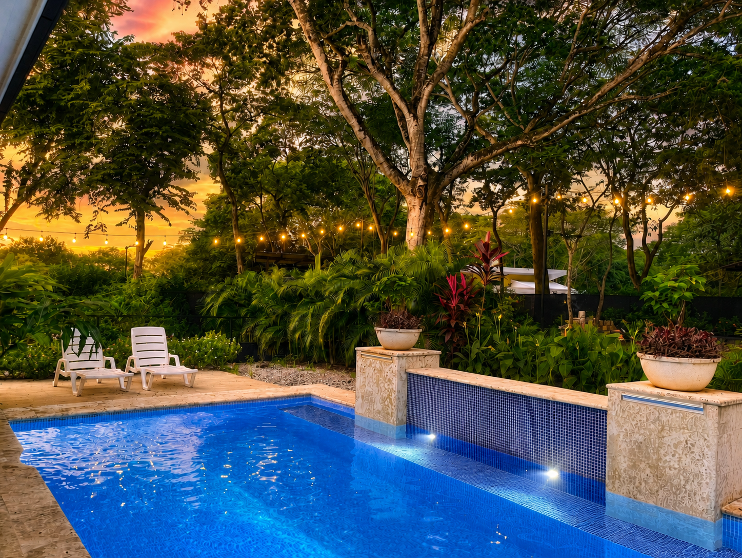 Casa Tranquila pool and patio at dusk